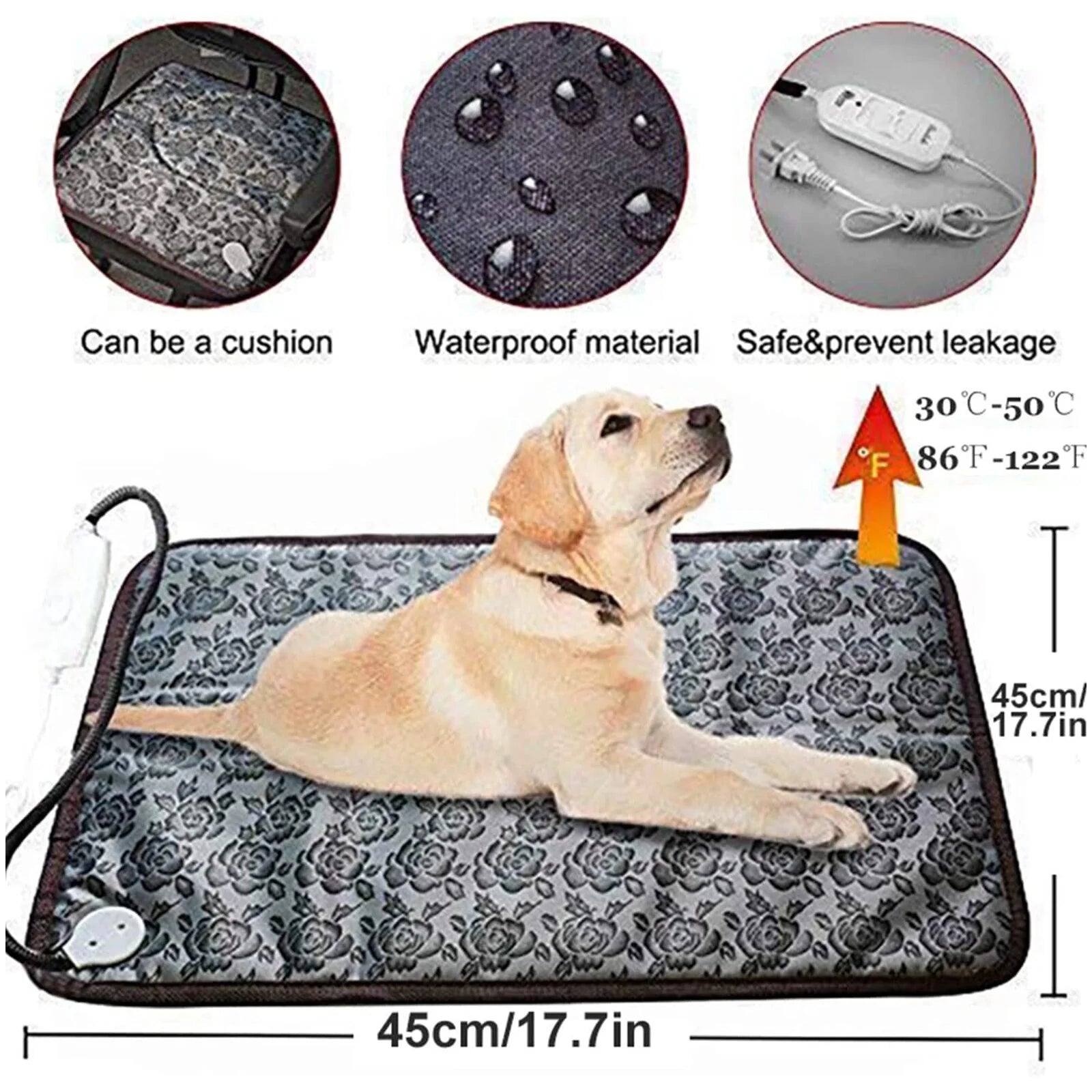 Pet Heating Pad, Heated Cat Dog Bed Mat, Electric Warming Pad Heating Blanket for Cats Dogs Puppies Indoor 17.7Inch, with Anti- Steel Cord, Dual Temperature Dual Control