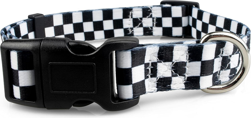 Checkered Pattern Dog Collar in Black & White - Adjustable Dog Collar for Boy and Girl Dogs with Quick Release Buckle by , Small