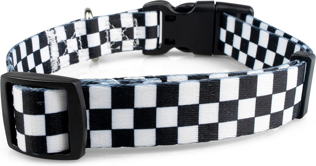 Checkered Pattern Dog Collar in Black & White - Adjustable Dog Collar for Boy and Girl Dogs with Quick Release Buckle by , Small