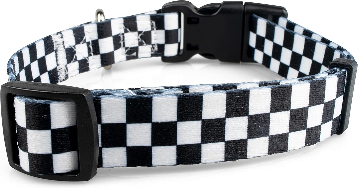 Checkered Pattern Dog Collar in Black & White - Adjustable Dog Collar for Boy and Girl Dogs with Quick Release Buckle by , Small
