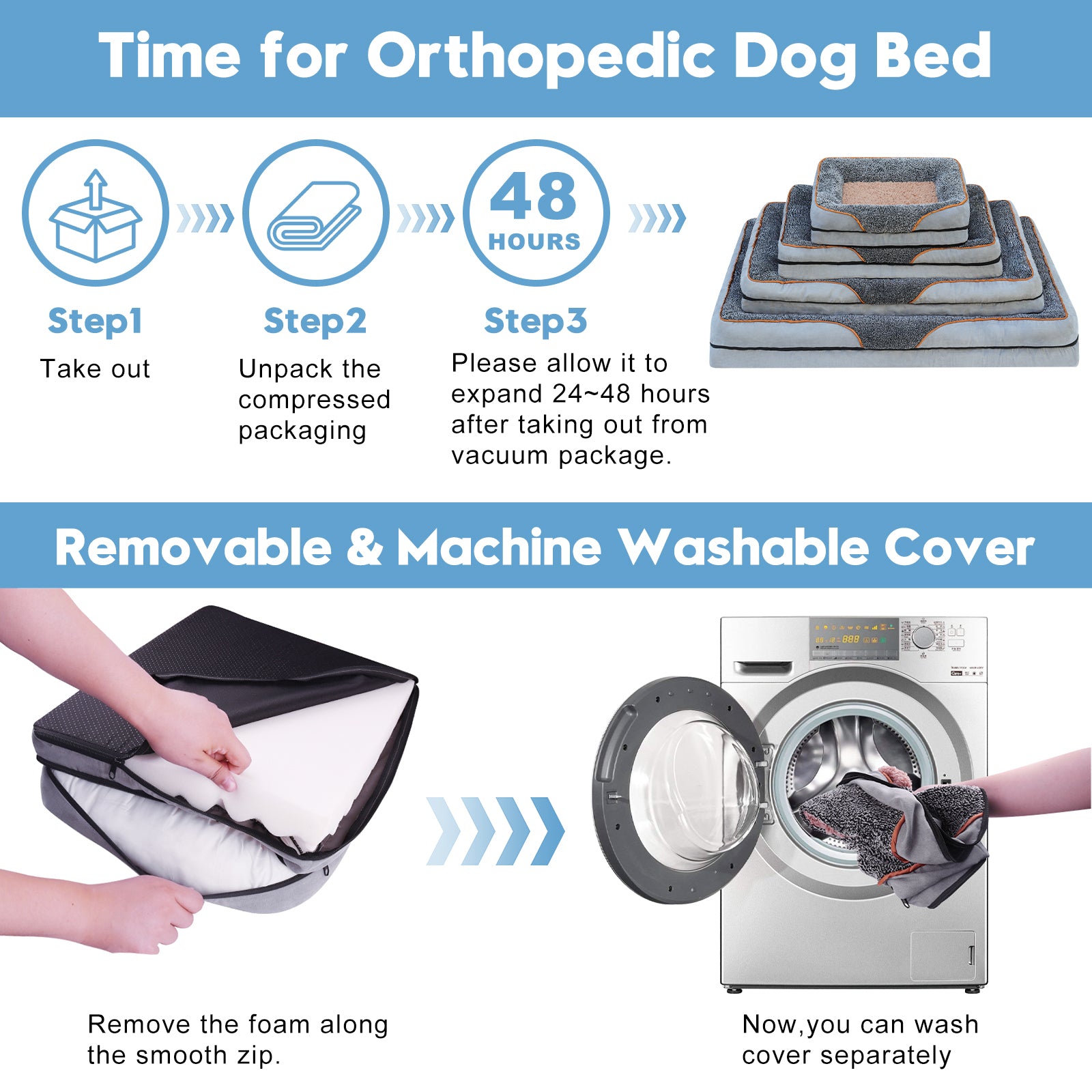 Large Dogs Orthopedic Pet Bed with Removable Washable Cover Non Skid Bottom
