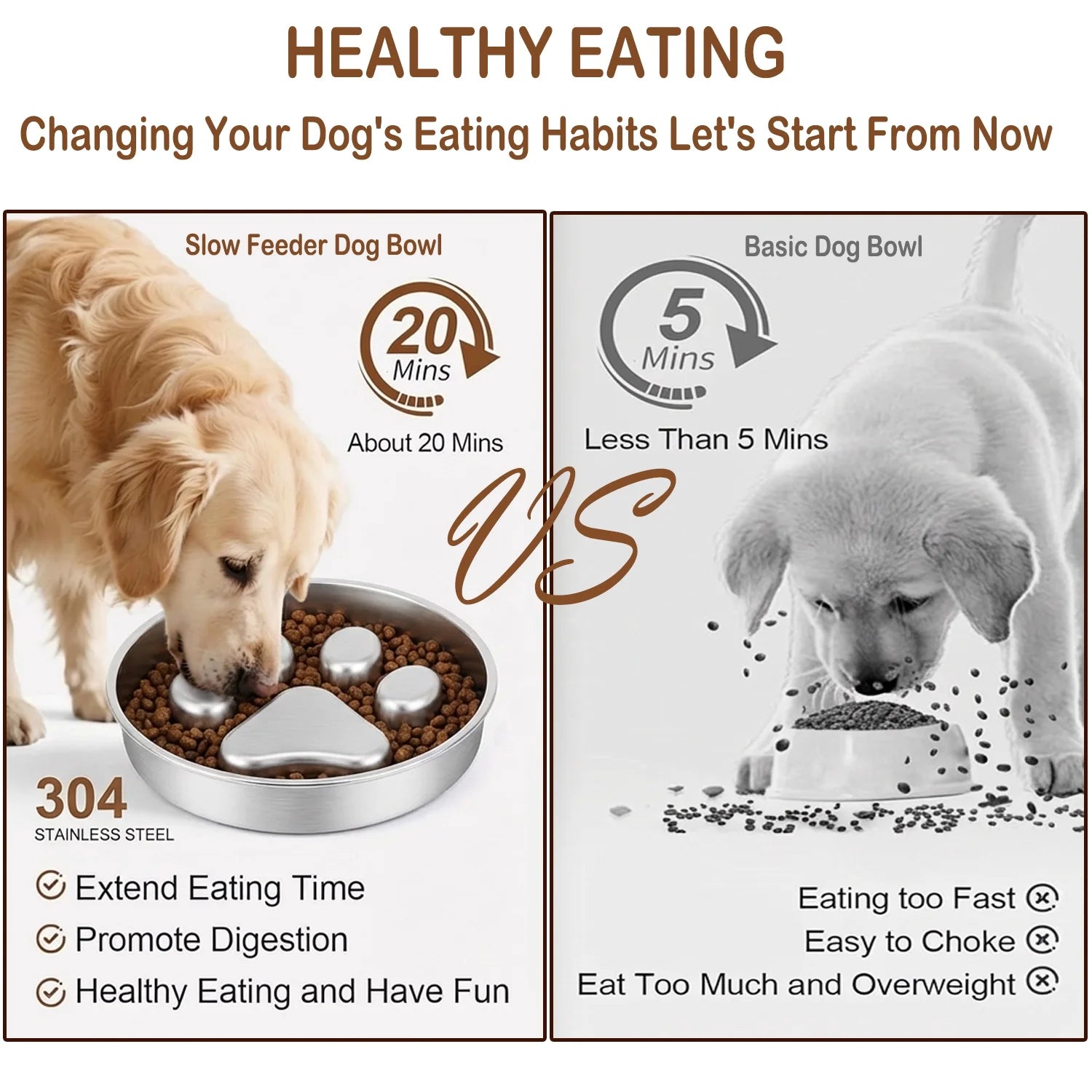 Slow Feeder Dog Bowls Large Breed, Food Grade 304 Stainless Steel Dog Bowls with Non-Slip Base, Maze Pet Dish to Slow down Eating, Metal Slow Feeder Dog Bowl