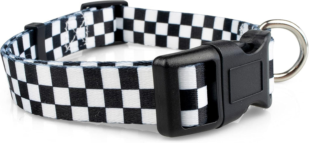 Checkered Pattern Dog Collar in Black & White - Adjustable Dog Collar for Boy and Girl Dogs with Quick Release Buckle by , Small