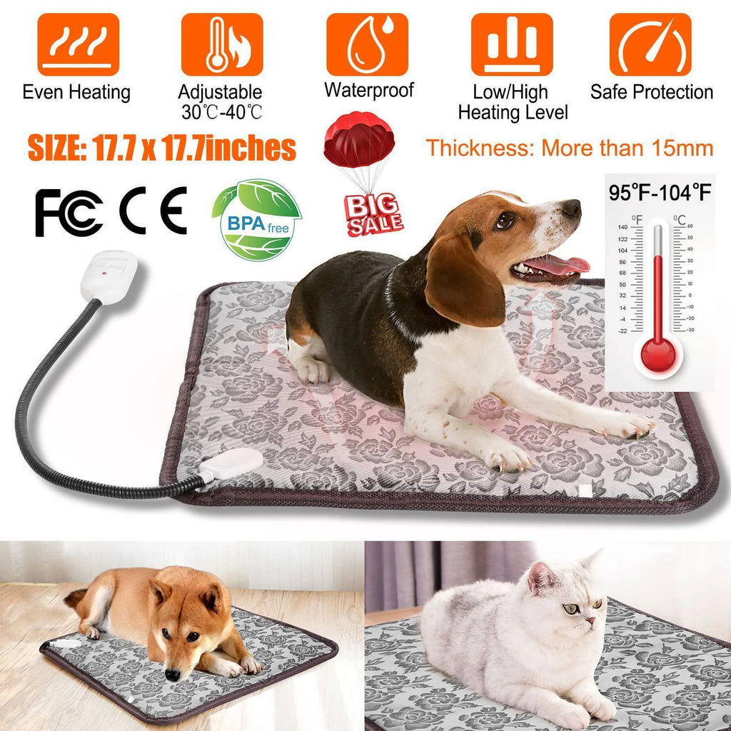 Pet Heating Pad, Heated Cat Dog Bed Mat, Electric Warming Pad Heating Blanket for Cats Dogs Puppies Indoor 17.7Inch, with Anti- Steel Cord, Dual Temperature Dual Control