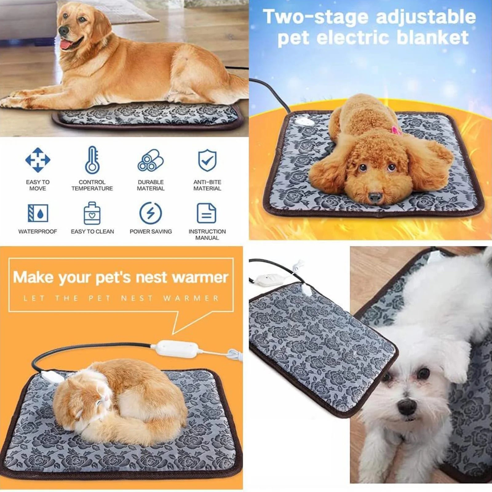 Pet Heating Pad, Heated Cat Dog Bed Mat, Electric Warming Pad Heating Blanket for Cats Dogs Puppies Indoor 17.7Inch, with Anti- Steel Cord, Dual Temperature Dual Control