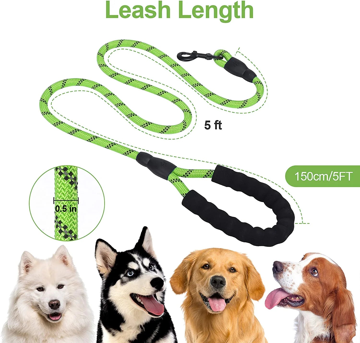 Reflective Strong Rope Dog Leash (5 FT)GREEN